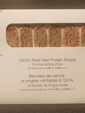 Gold Glitter Nail Polish Strips with Red Swirl Design